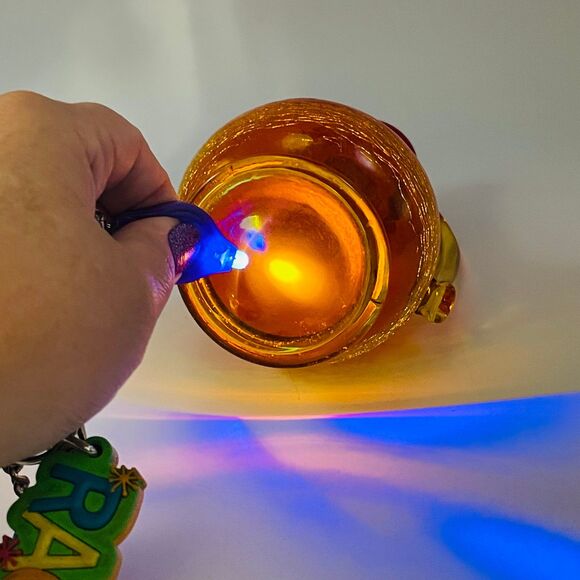 Orange Yellow Amber Crackle Glass Handled Small Pitcher Vase Partial Glow MCM - Picture 10 of 11